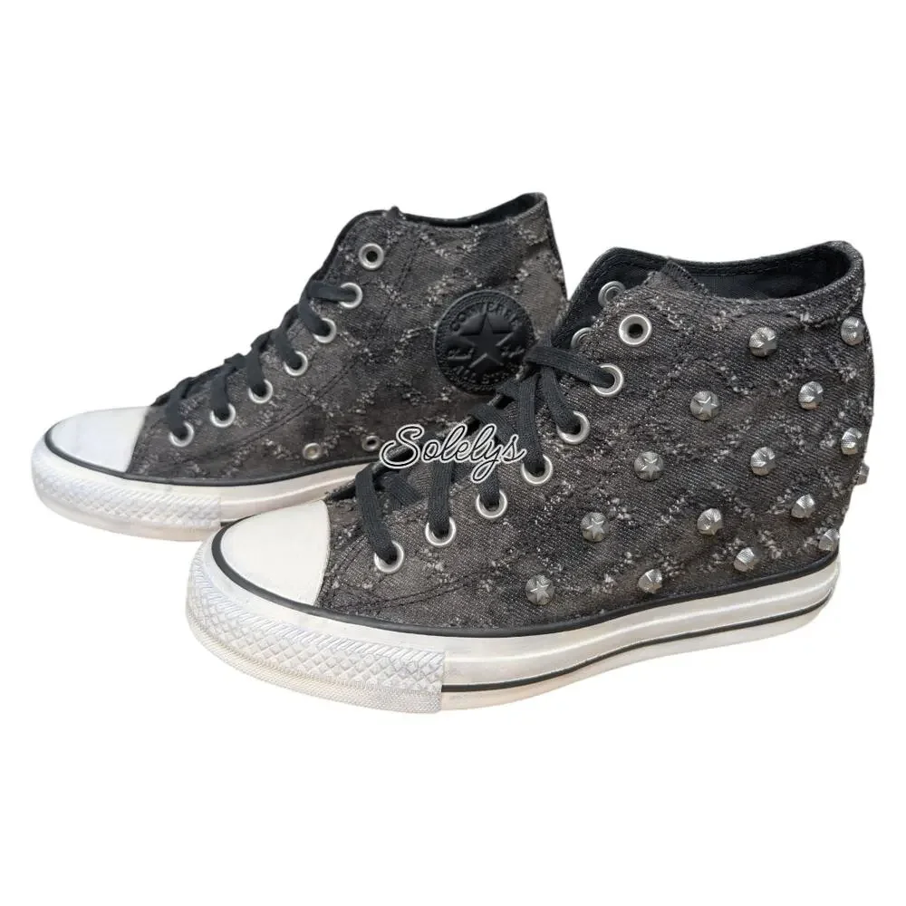 Converse 2015 RARE Lux Mid Hidden Wedge Lurex Star Stud Distressed Sneaker 7.5